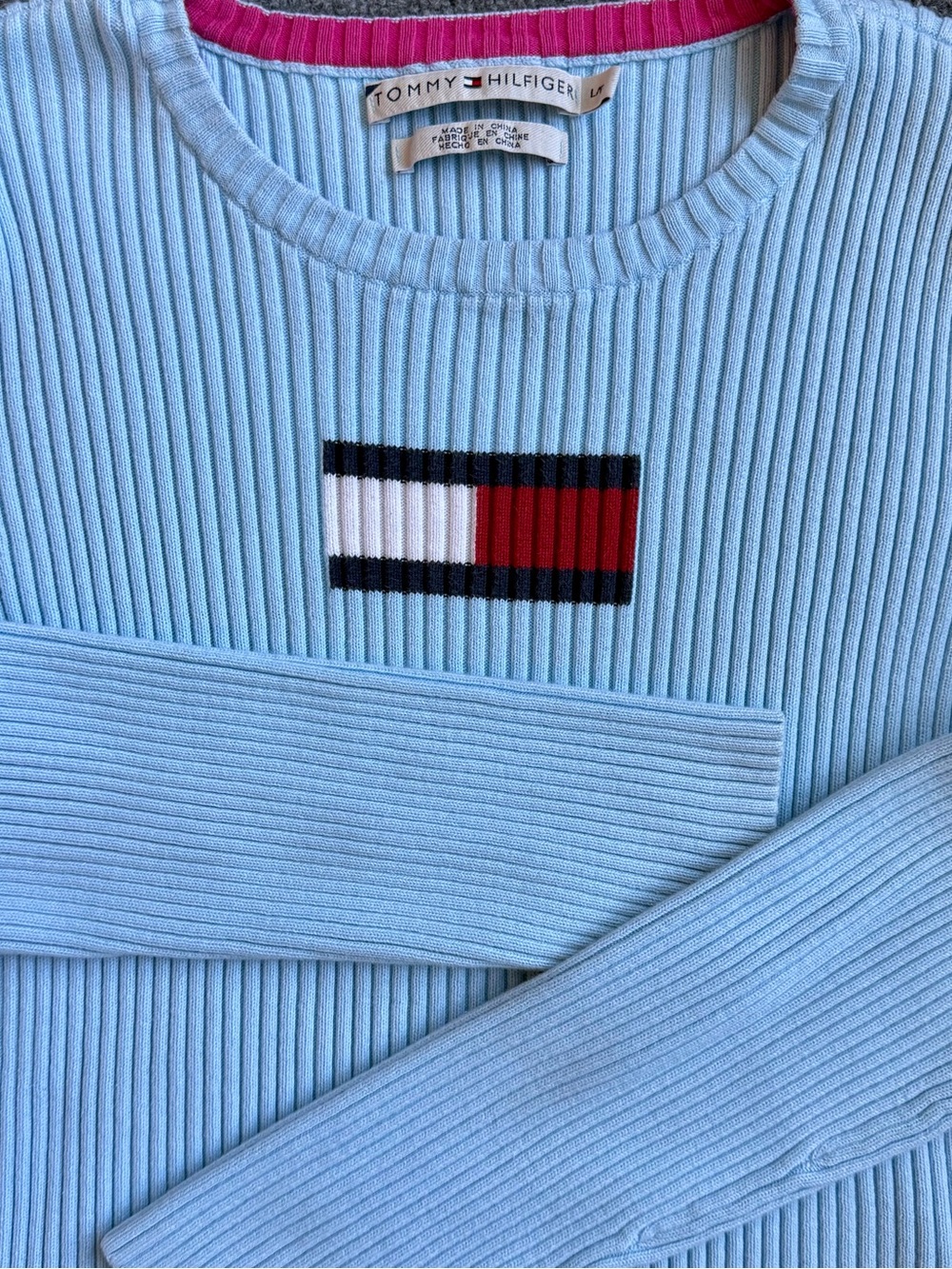 Y2K Tommy Hilfiger 2005 Flag Logo Ribbed Knit Sweater L Baby Blue Pastel Preppy